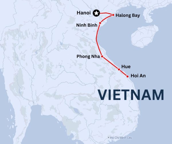 Vietnam itinerary map 11 day group tour Hanoi Halong Bay Hoi An route