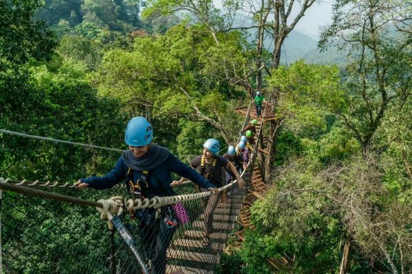 Ziplining through the jungle in Thailand above rainforest canopy, rivers, and mountain scenery