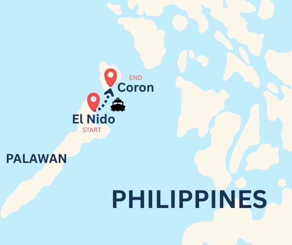 Map of our Philippines adventure showing the route from El Nido to Coron, highlighting key stops and islands along the way.