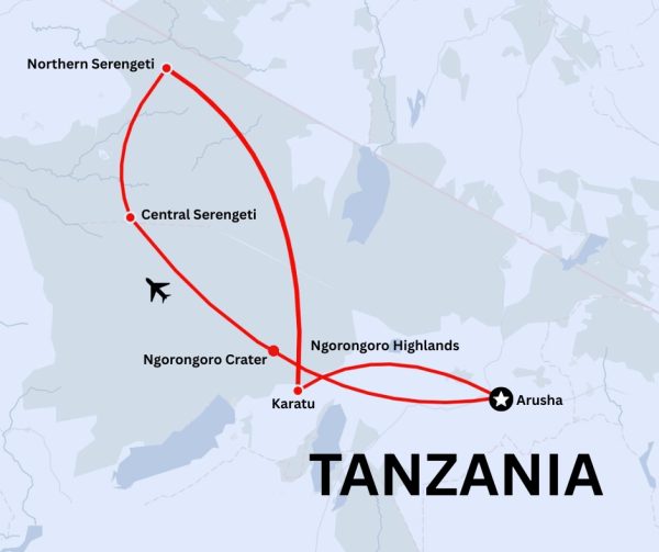 Serengeti safari route map Tanzania showing Ngorongoro Crater, Central and Northern Serengeti Great Migration route