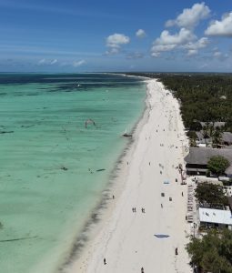 Turquoise waters and soft white sand at Paje Beach, Zanzibar, with palm trees lining the shore under a sunny blue sky.