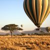 Serengeti hot air balloon sunrise Tanzania aerial view savannah golden light