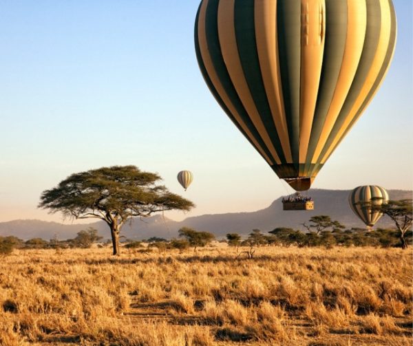 Serengeti hot air balloon sunrise Tanzania aerial view savannah golden light