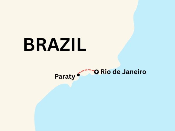 Brazil group trip itinerary showing a multi-day journey through Rio de Janeiro, Paraty, and optional Ilha Grande extension, highlighting activities such as Christ the Redeemer, Sugarloaf Mountain, beaches, samba nightlife, cultural visits, cobblestone colonial streets, and tropical island experiences.