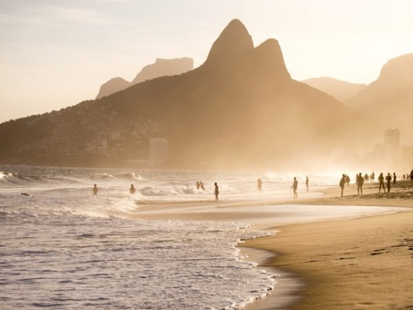 Sunset over Rio de Janeiro coastline and mountains