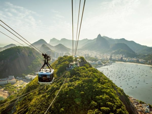 Sugarloaf Mountain in Rio de Janeiro, Brazil with panoramic views over the city, coastline, and Guanabara Bay as part of a Brazil group travel itinerary.