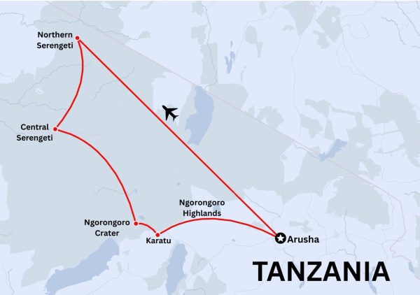 Map of the Tanzania Great Wildebeest Migration route showing the month-by-month calendar movement through the Serengeti National Park and Ndutu plains.