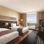 Twin room of 5-star luxury hotel in Jaipur, India, featuring premium decor.