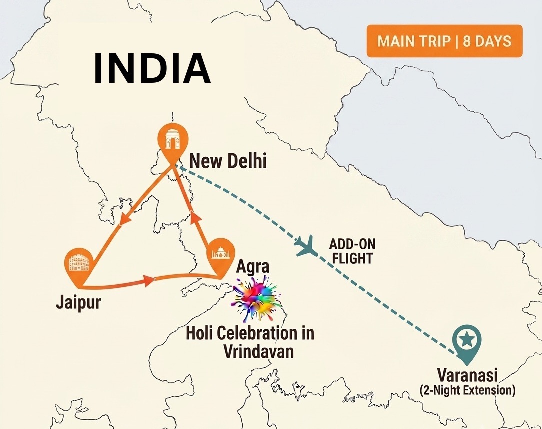 Map itinerary of an 8-day luxury Golden Triangle trip to India covering New Delhi, Jaipur, and Agra for a Holi celebration in Vrindavan, featuring a premium 2-night optional flight add-on to Varanasi.