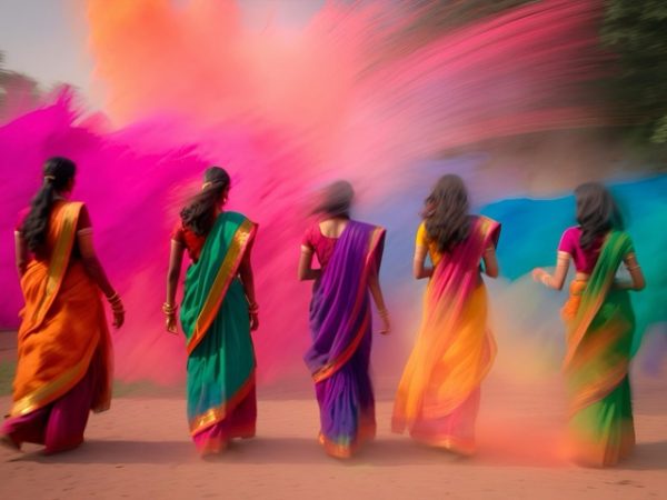 Travelers participating in a safe, premium-managed Holi festival celebration in India.