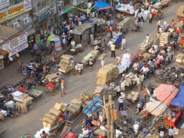 Vibrant atmosphere of Old Delhi markets during a premium, stress-free India group trip.