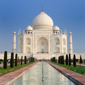 Close-up of intricate white marble floral inlay work on the Taj Mahal exterior.