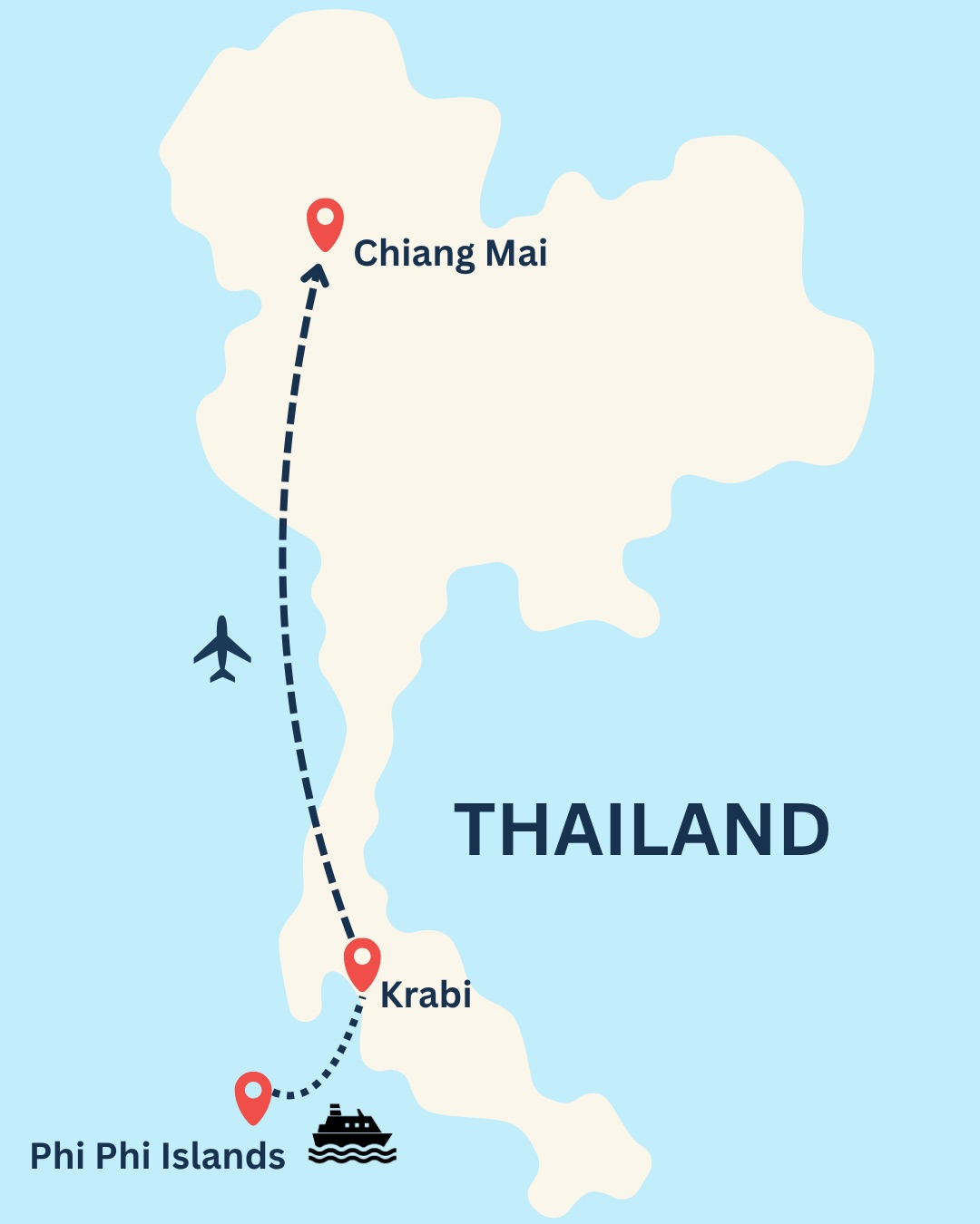 Thailand 9-day group trip map showing Krabi, Phi Phi Islands, and Chiang Mai itinerary route