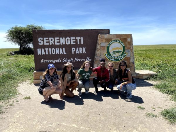 A happy group of international travelers posing together in front of the official Serengeti National Park entrance sign during a Gagago tour.