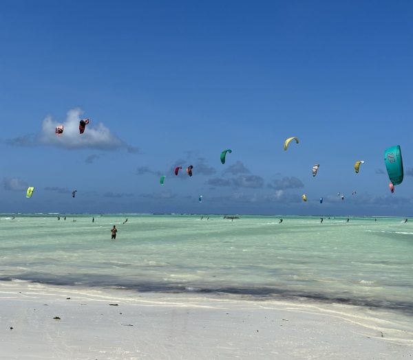 Colorful kitesurfing kites floating above the shallow turquoise water at Paje Beach, Zanzibar.