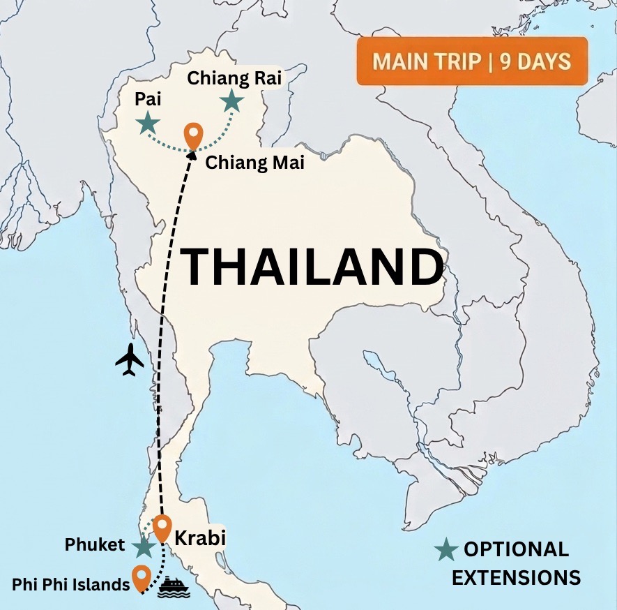 Thailand group trip itinerary map showing travel route from Chiang Mai to Krabi and Phi Phi Islands.