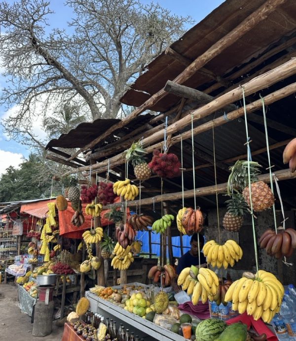 Fresh tropical fruits displayed at a colorful local market stand in Zanzibar.