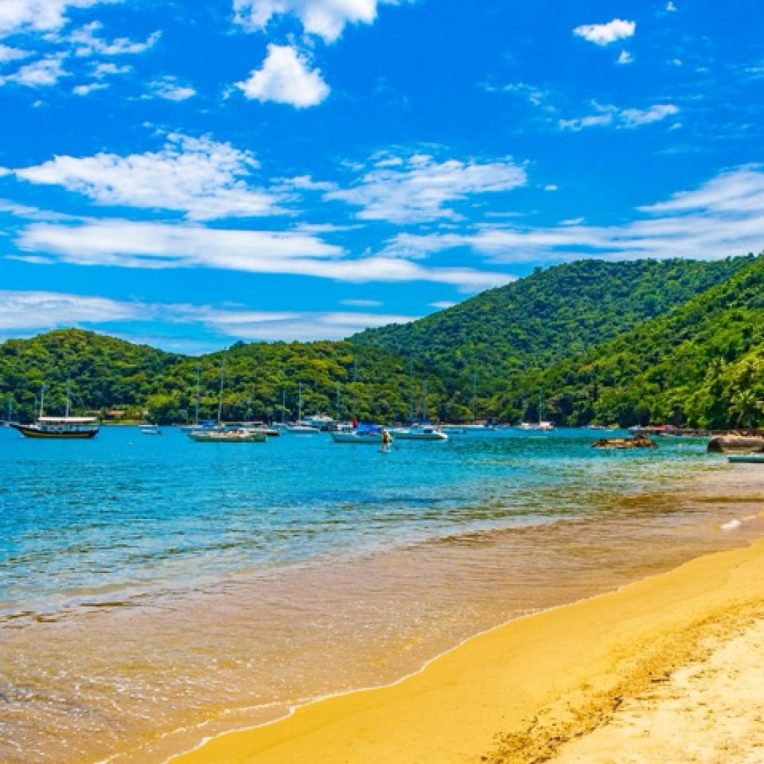Group travelers on a boat tour exploring Ilha Grande island and hidden beaches in Brazil