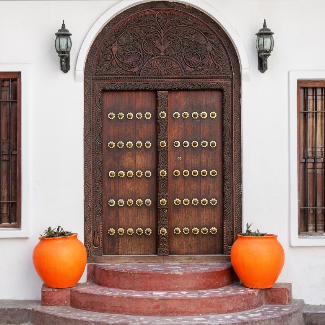 Traditional Zanzibari houses historic Stone Town Zanzibar narrow streets and ornate doors
